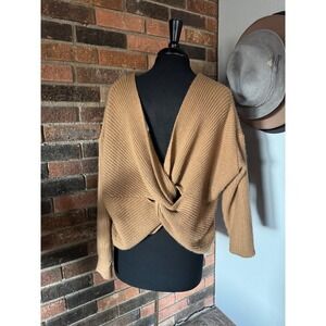 Lilyful Camel Ribbed Twist‎ Front V Neck Sweater Size L